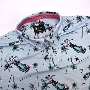 Flomotion Mens Golf Polo Shirt XL Blue Novelty‎ Palm Tree Golf Bag Print Stretch